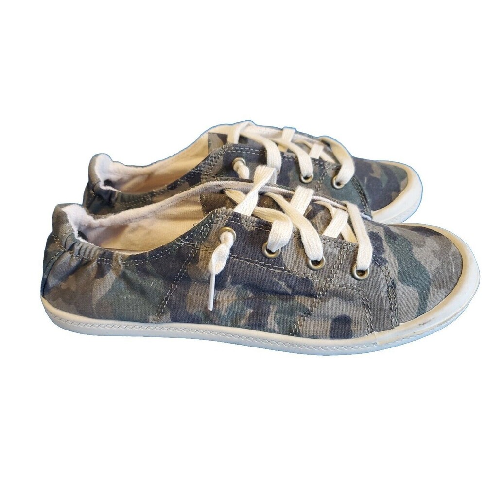 Womens Sz 8.5 Flats Camouflage Lace Lightweight Sneaker Shoe Green Time & Tru...